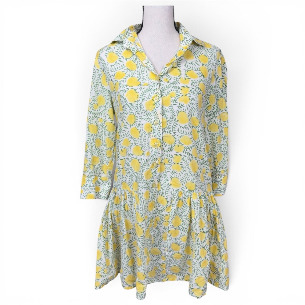 Kemble Kirsten Shirt Dress Small Yellow Lemon Botanical Drop Waist Cotton Summer